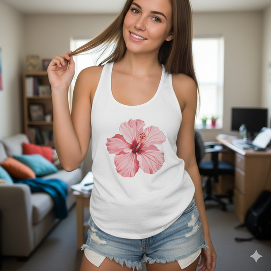 Pink Hibiscus Racerback Tank Top - XS / Solid Midnight Navy - SUNKISSHAVEN