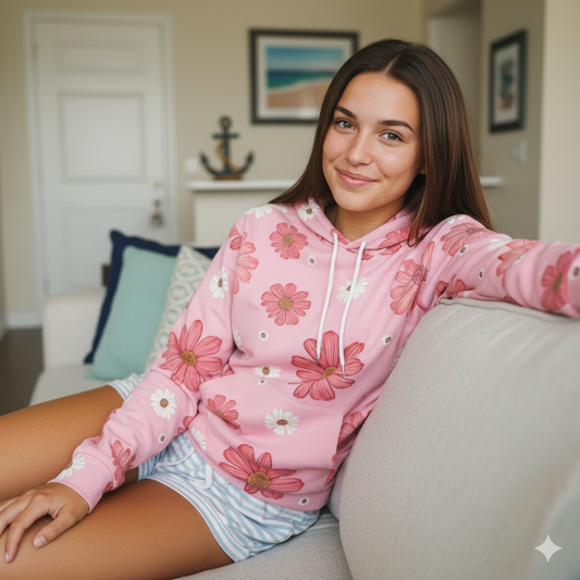 Preppy Pink Floral Hoodie - Comfortable & Stylish All-Over Print for Women - S / Seam thread color automatically matched to design - SUNKISSHAVEN